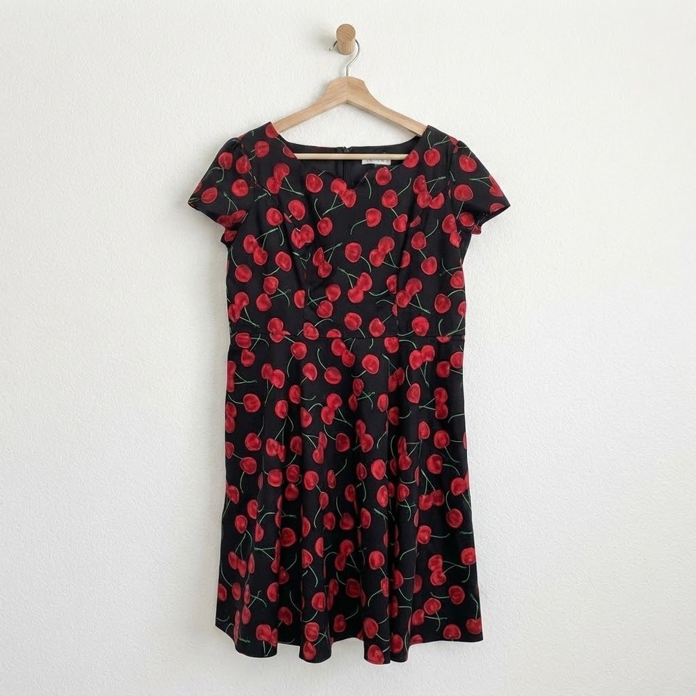 Girstunm Rockabilly Pinup Cherry Print Swing Dress Retro Plus Size 3XL Pockets
